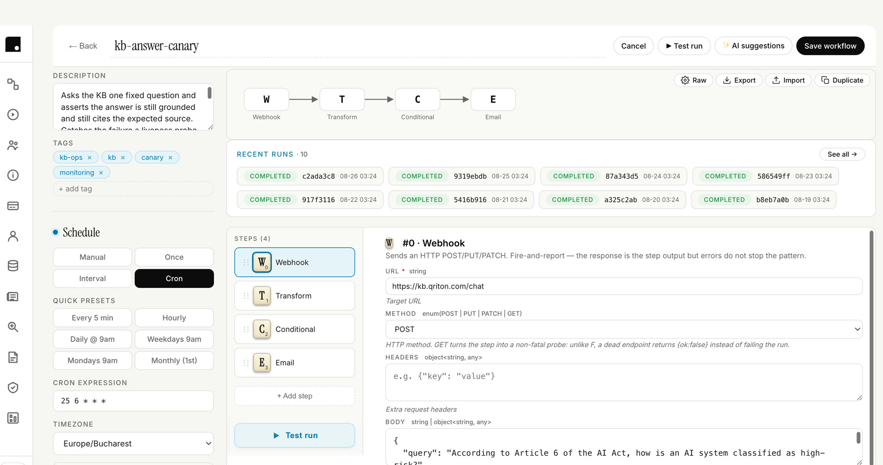 Qriton Flow workflow editor with schedule and recent runs